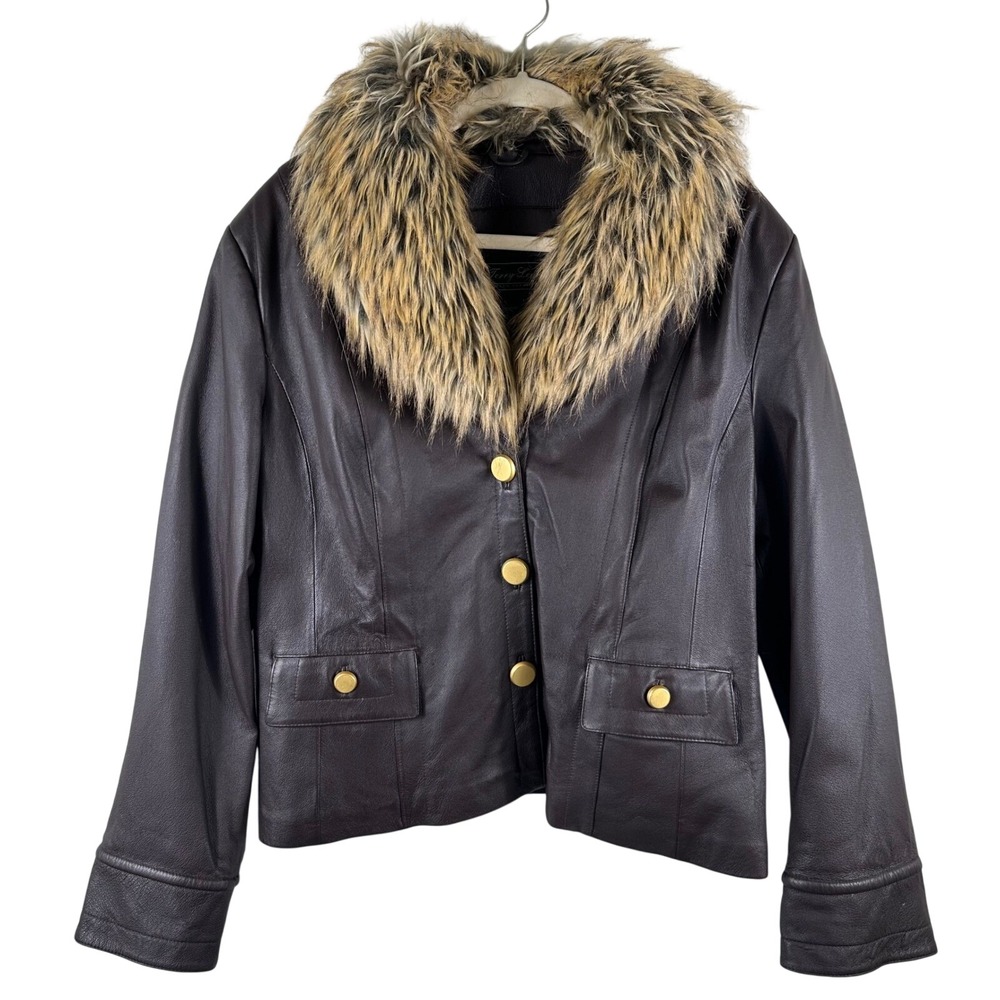 Vtg Terry Lewis Leather Jacket Womens Petite L Brown Removable Faux Fur Collar